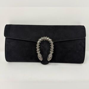 Gucci Black Suede Dionysus Clutch Bag Evening Silver Jeweled Luxury Horseshoe